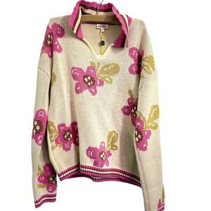Finding Foxtale Kids Girls Cream Floral Knit Polo Collar Sweater Size 12